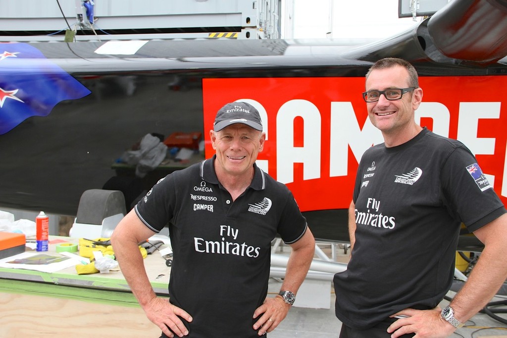 Team NZ CEO Grant Dalton (left) and Nick Holroyd in front of the new AC72 - Emirates Team NZ - Media Day January 17, 2012 © Richard Gladwell www.photosport.co.nz